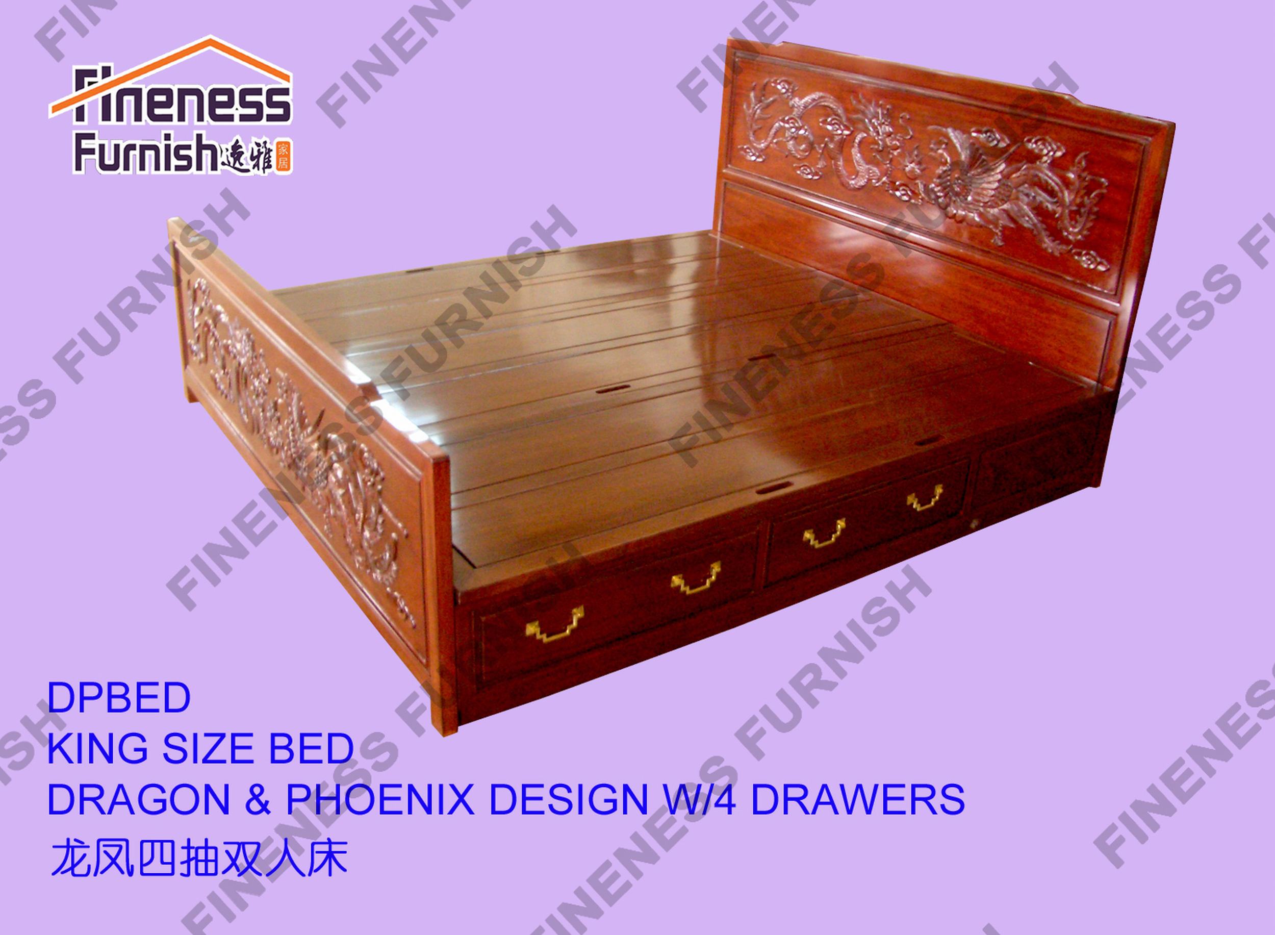 KING SIZE BED DRAGON & PHOENIX DESIGN W/4 DRAWERS