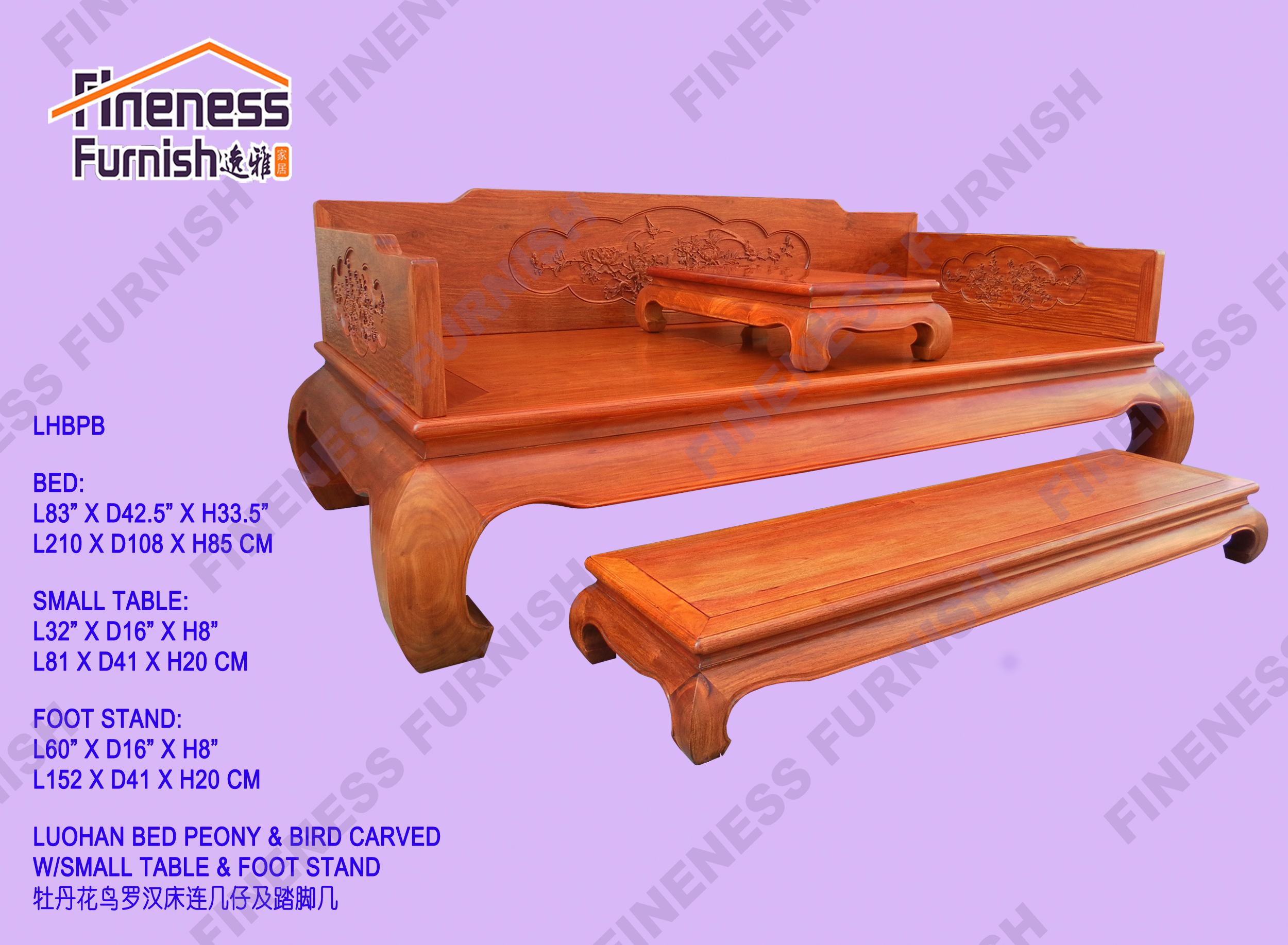 LUOHAN BED PEONY & BIRD CARVED W/SMALL TABLE & FOOT STAND