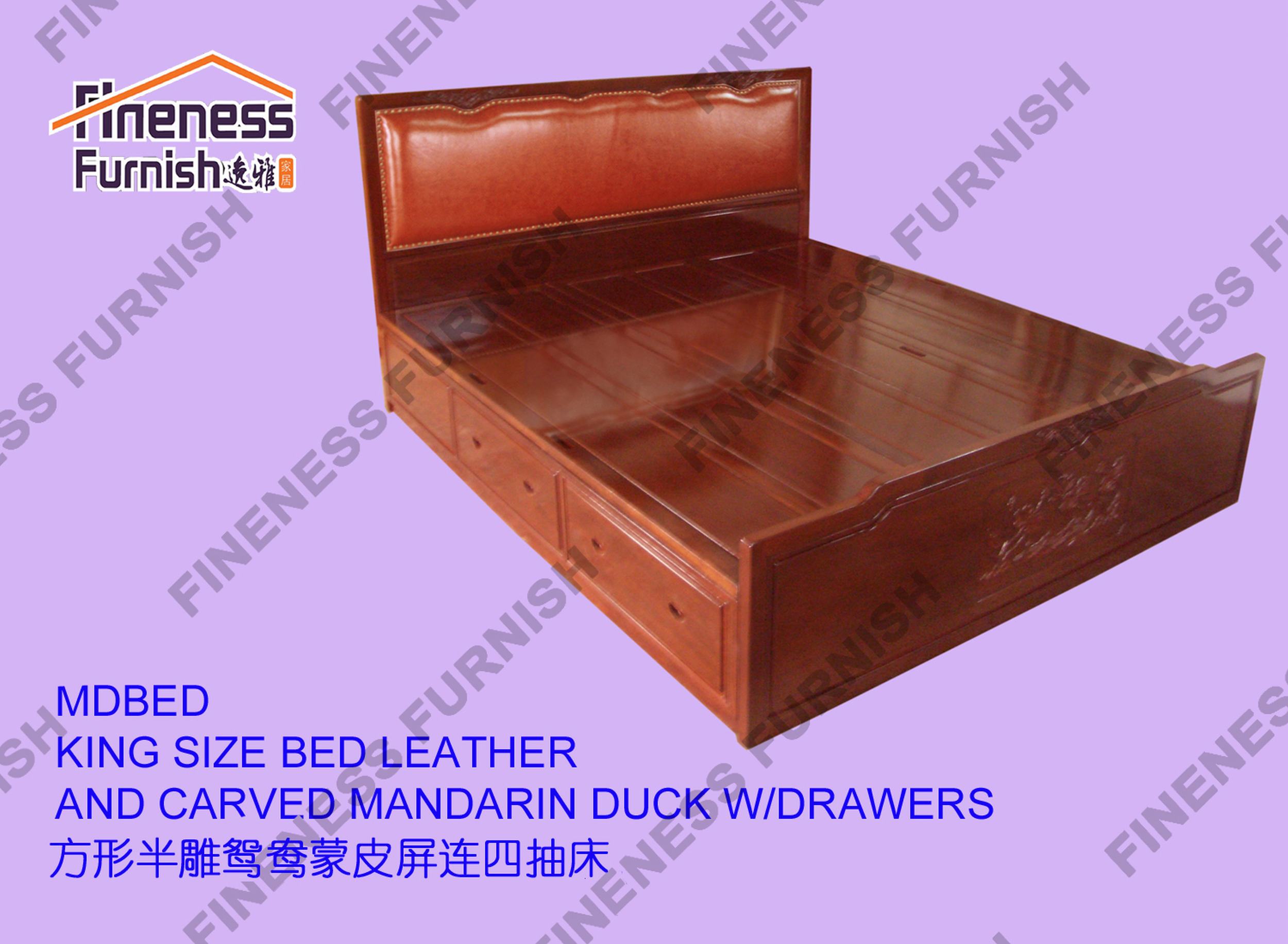 KING SIZE BED LEATHER AND CARVED MANDARIN DUCK W/DRAWERS