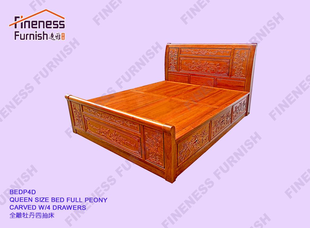 QUEEN SIZE BED FULL PEONY CARVED W/4 DRAWERS