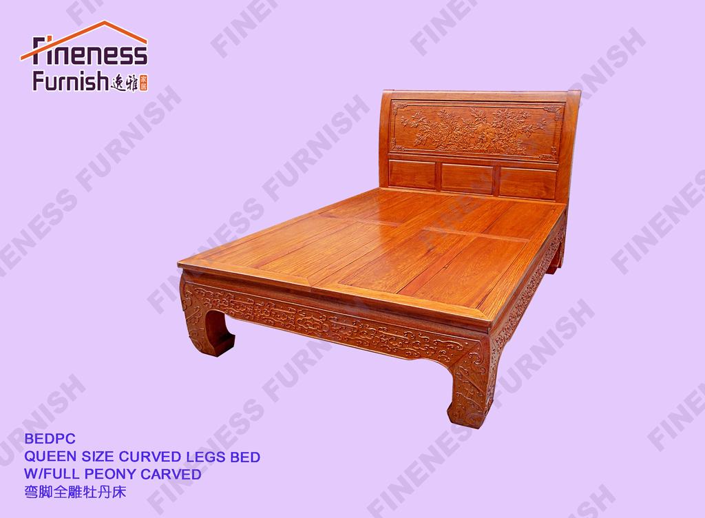 QUEEN SIZE CURVED LEGS BED W/FULL PEONY CARVED