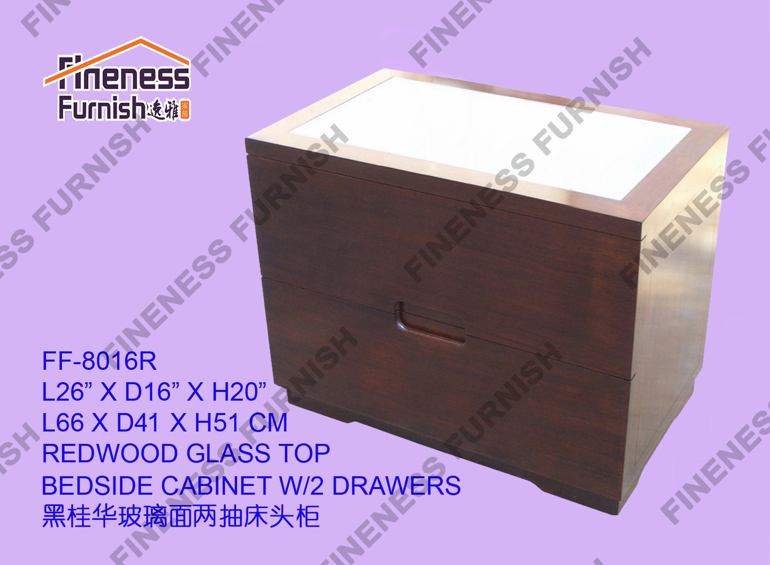 REDWOOD GLASS TOP BEDSIDE CABINET W/2 DRAWERS