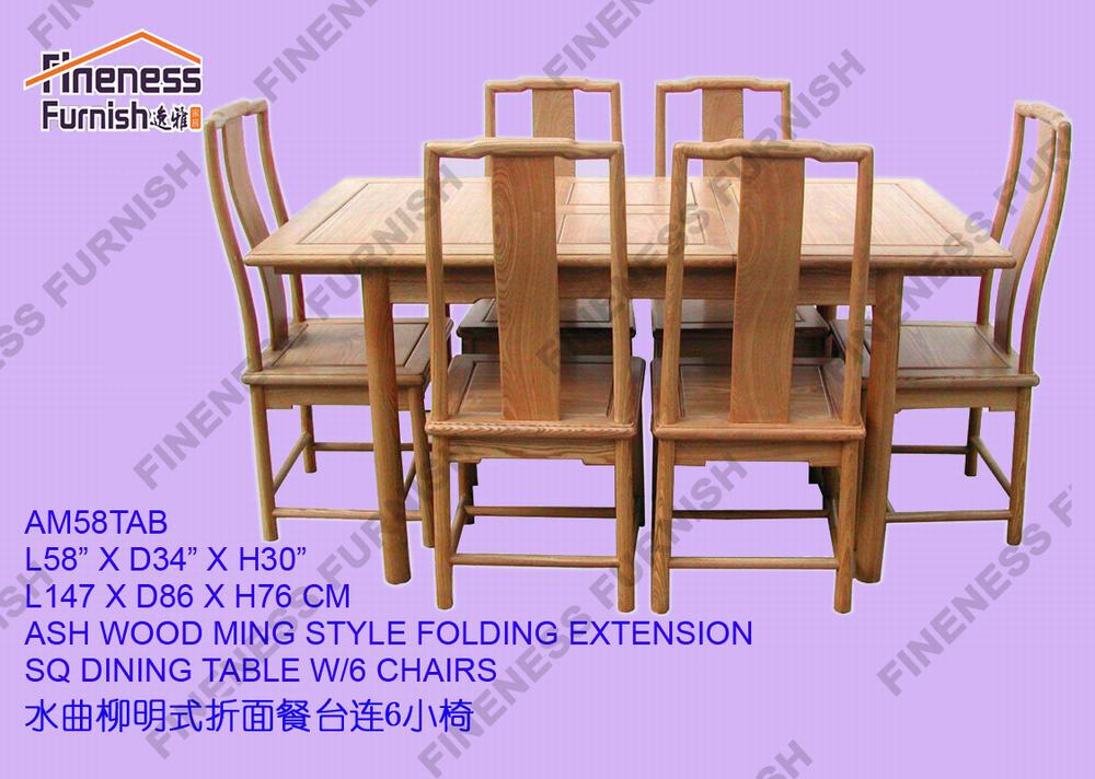 ASH WOOD MING STYLE FOLDING EXTENSION SQ DINING TABLE W/6 CHAIRS