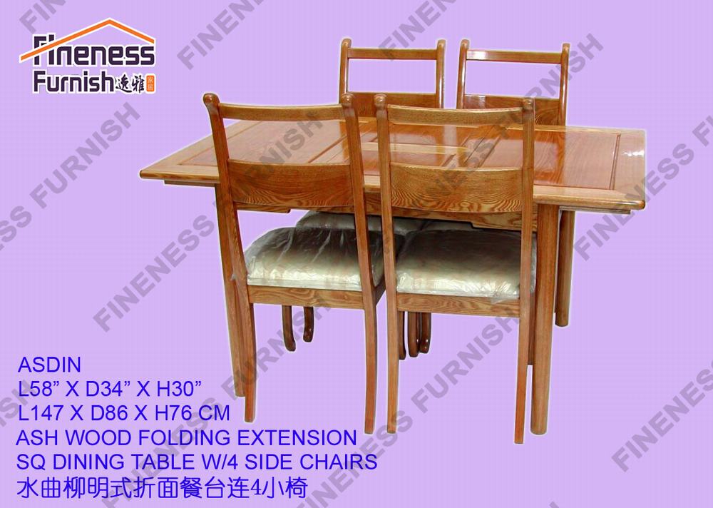ASH WOOD FOLDING EXTENSION SQ DINING TABLE W/4 SIDE CHAIRS