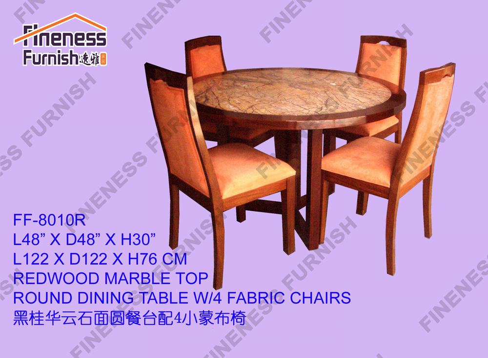 REDWOOD MARBLE TOP ROUND DINING TABLE W/4 FABRIC CHAIRS