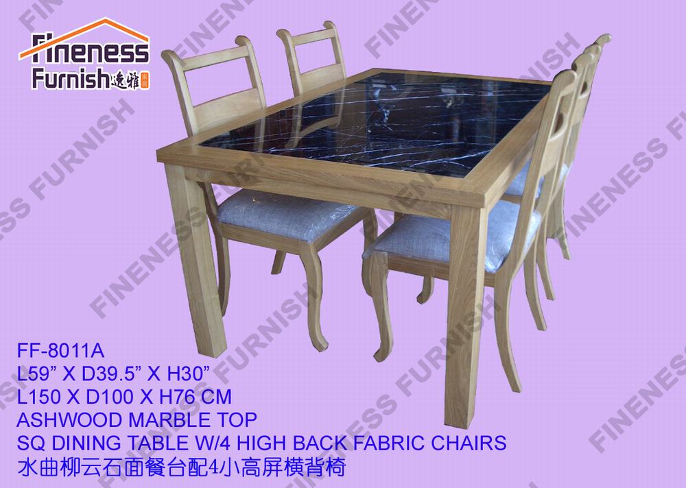 ASHWOOD MARBLE TOP SQ DINING TABLE W/4 HIGH BACK FABRIC CHAIRS
