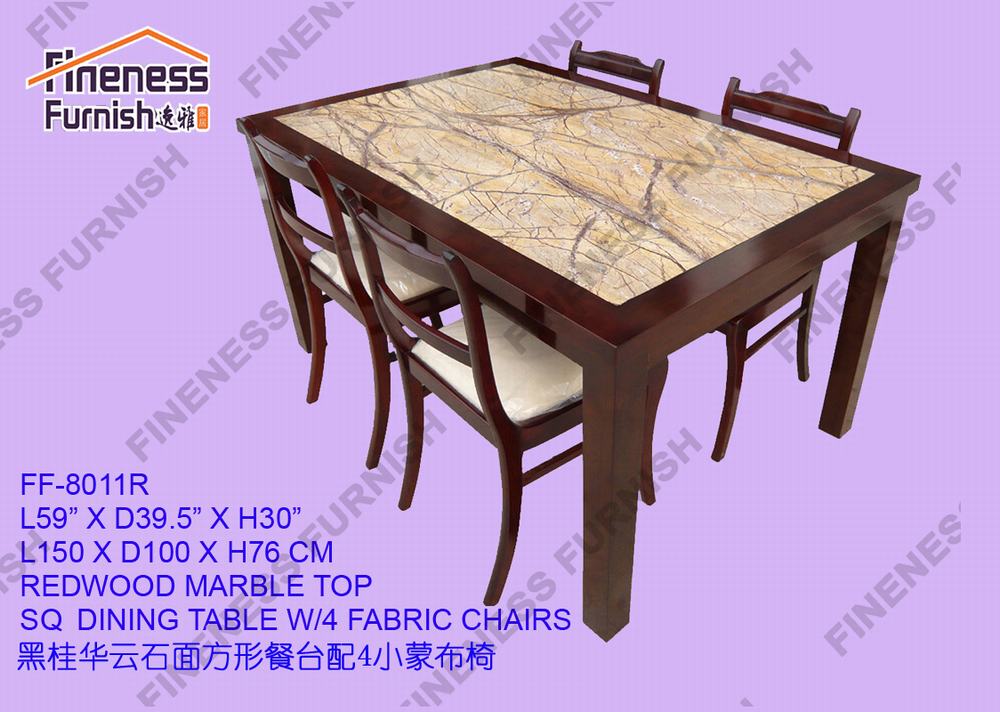 REDWOOD MARBLE TOP SQ DINING TABLE W/4 FABRIC CHAIRS