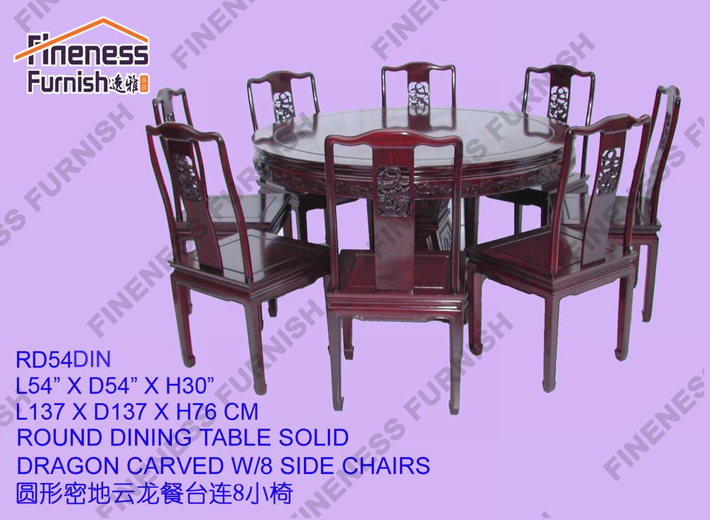 ROUND DINING TABLE SOLID DRAGON CARVED W/8 SIDE CHAIRS