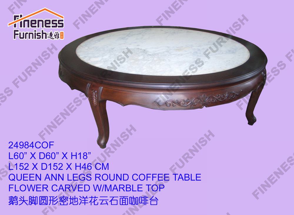 QUEEN ANN LEGS ROUND COFFEE TABLE FLOWER CARVED W/MARBLE TOP
