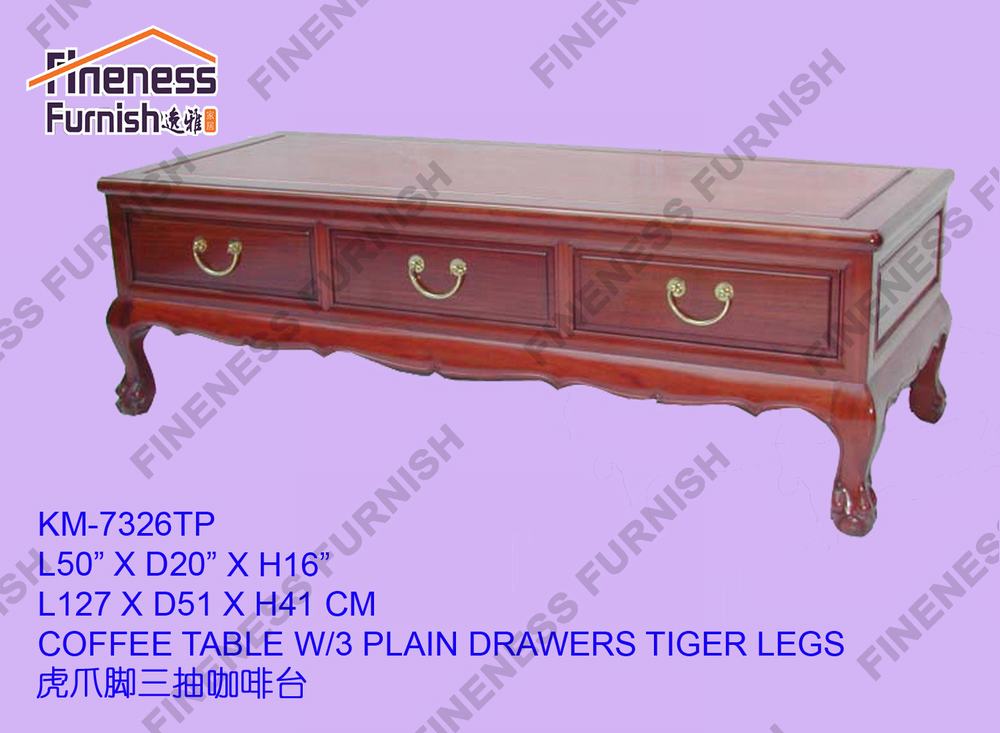 COFFEE TABLE W/3 PLAIN DRAWERS TIGER LEGS
