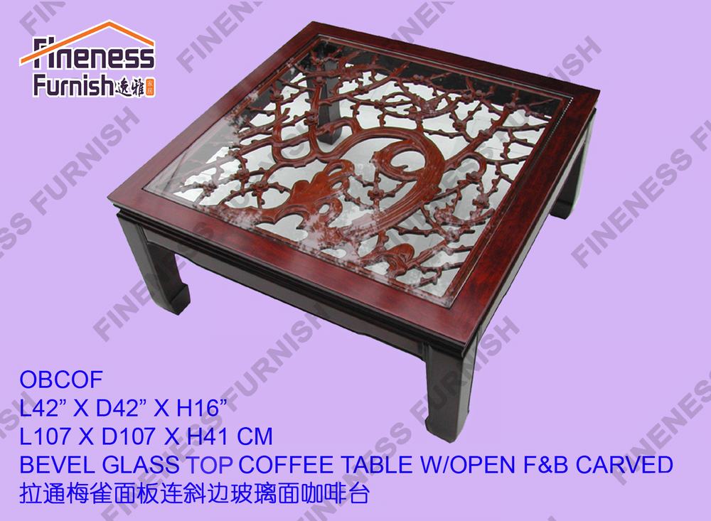 BEVEL GLASS TOP COFFEE TABLE W/OPEN F&B CARVED