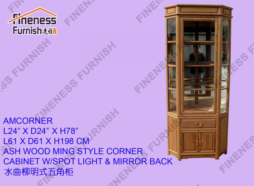 ASH WOOD MING STYLE CORNER CABINET W/SPOT LIGHT & MIRROR BACK