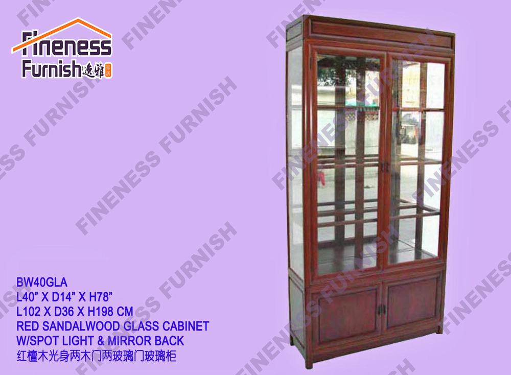 RED SANDALWOOD GLASS CABINET W/SPOT LIGHT & MIRROR BACK