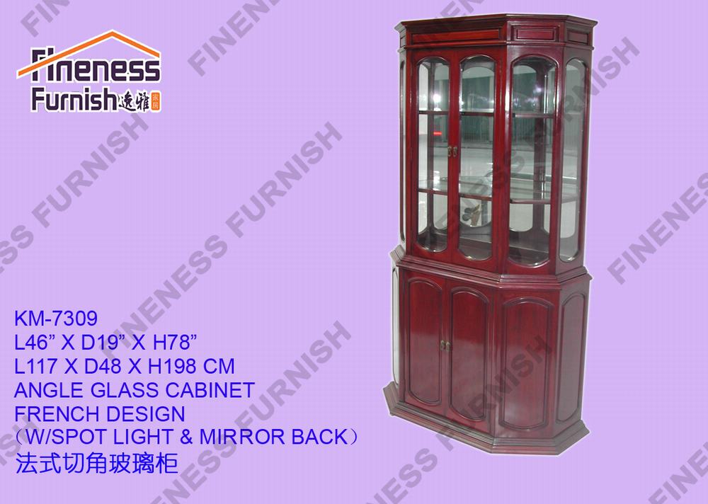 ANGLE GLASS CABINET FRENCH DESIGN W/SPOT LIGHT & MIRROR BACK