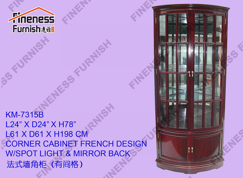 CORNER CABINET FRENCH DESIGN W/SPOT LIGHT & MIRROR BACK