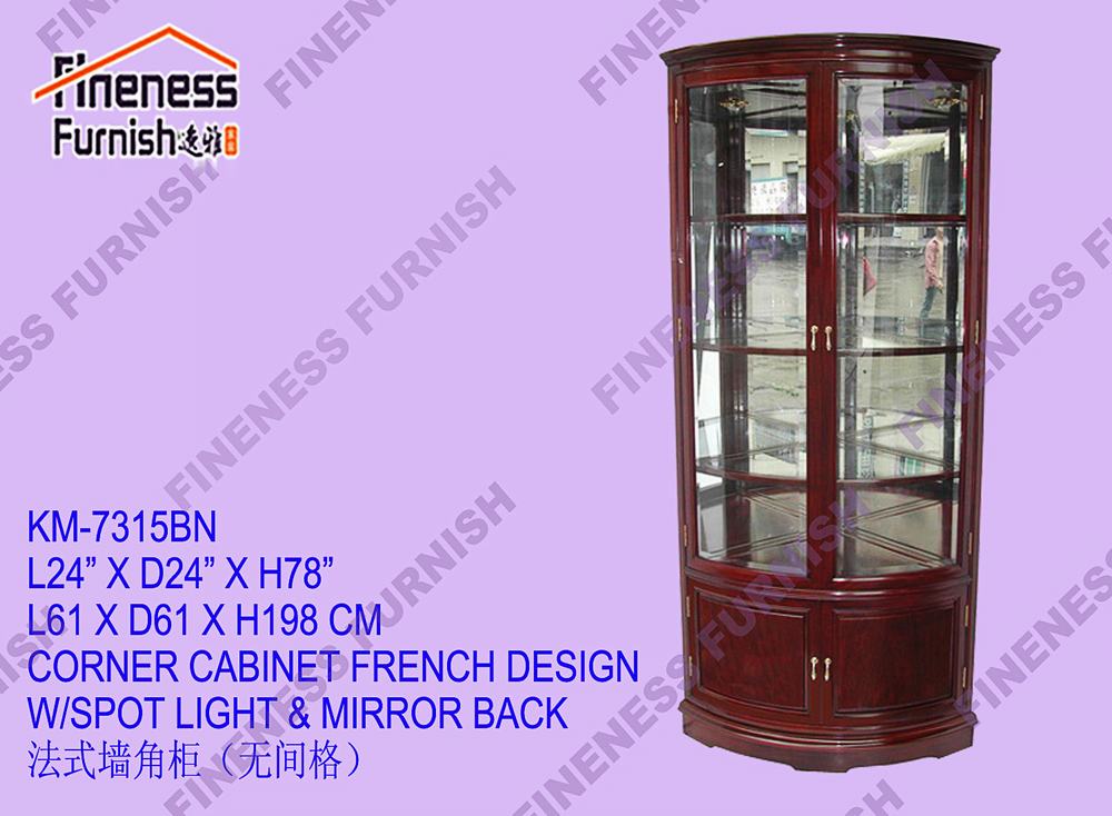 CORNER CABINET FRENCH DESIGN W/SPOT LIGHT & MIRROR BACK