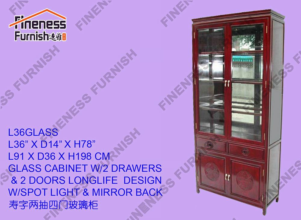 GLASS CABINET W/2 DRAWERS & 2 DOORS LONGLIFE DESIGN W/SPOT LIGHT & MIRROR BACK