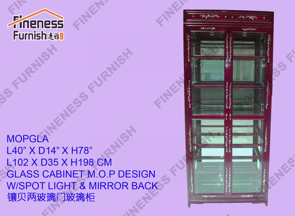 GLASS CABINET M.O.P. DESIGN W/SPOT LIGHT & MIRROR BACK