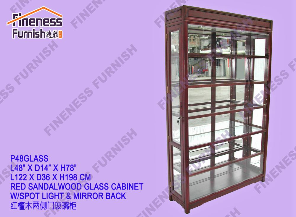 RED SANDALWOOD GLASS CABINET W/SPOT LIGHT & MIRROR BACK