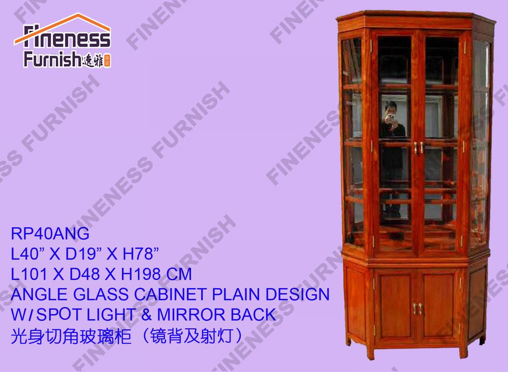 ANGLE GLASS CABINET PLAIN DESIGN W/SPOT LIGHT & MIRROR BACK