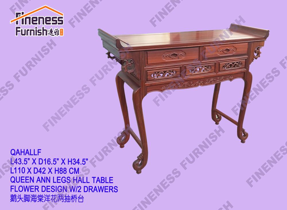 QUEEN ANN LEGS HALL TABLE FLOWER DESIGN W/2 DRAWERS