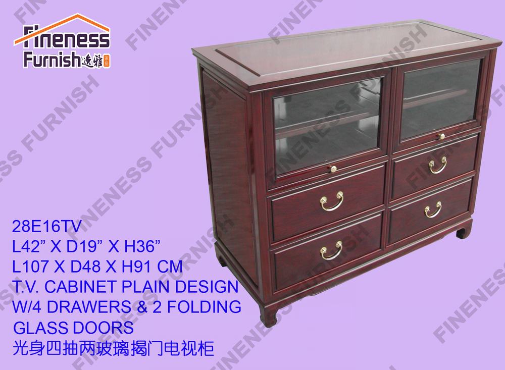 T.V. CABINET PLAIN DESIGN W/4 DRAWERS & 2 FOLDING GLASS DOORS