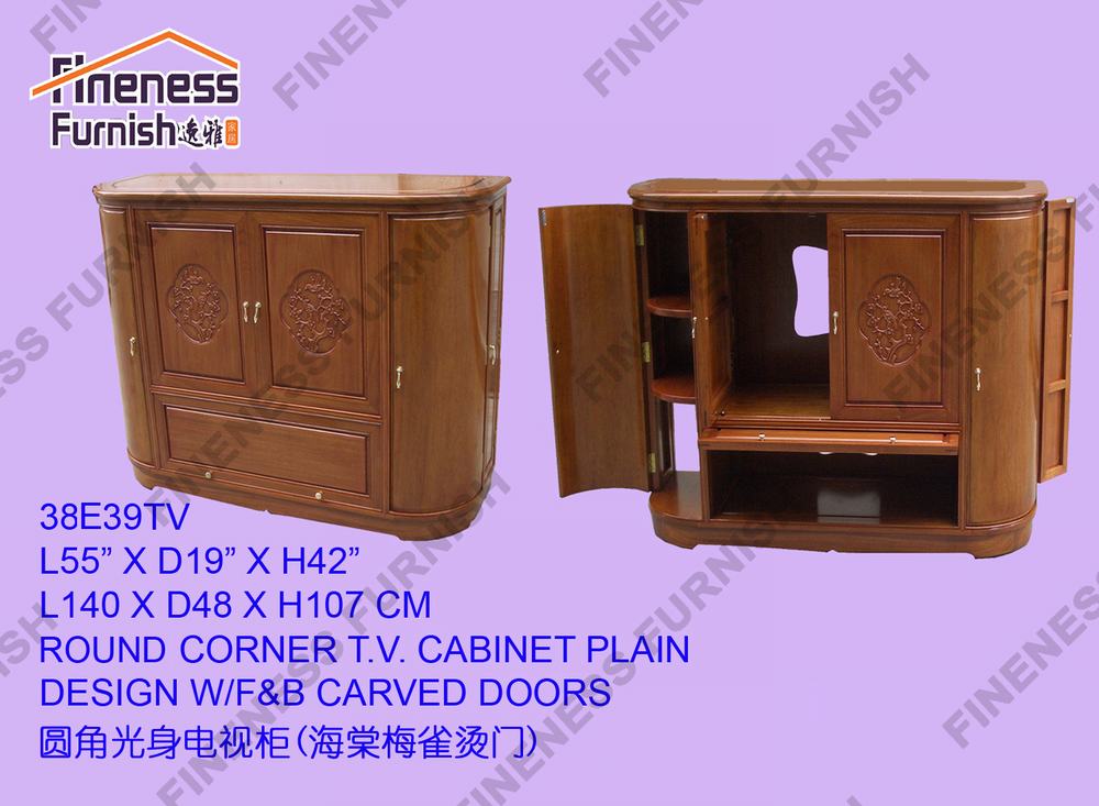 ROUND CORNER T.V. CABINET PLAIN DESIGN W/F&B CARVED DOORS