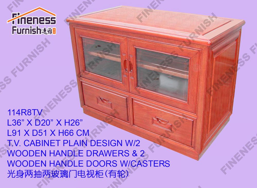 T.V. CABINET PLAIN DESIGN W/2 WOODEN HANDLE DRAWERS & 2 WOODEN HANDLE DOORS W/CASTERS