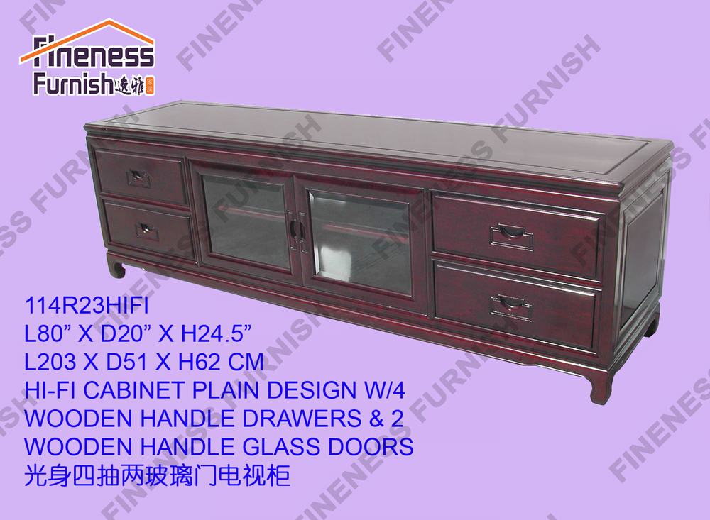 HI-FI CABINET PLAIN DESIGN W/4 WOODEN HANDLE DRAWERS & 2 WOODEN HANDLE GLASS DOORS
