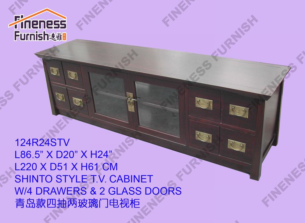 SHINTO STYLE T.V. CABINET W/4 DRAWERS & 2 GLASS DOORS