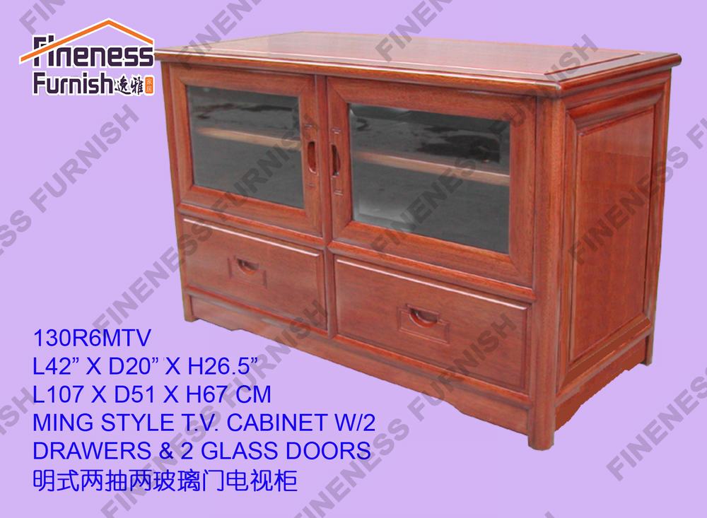 MING STYLE T.V. CABINET W/2 DRAWERS & 2 GLASS DOORS
