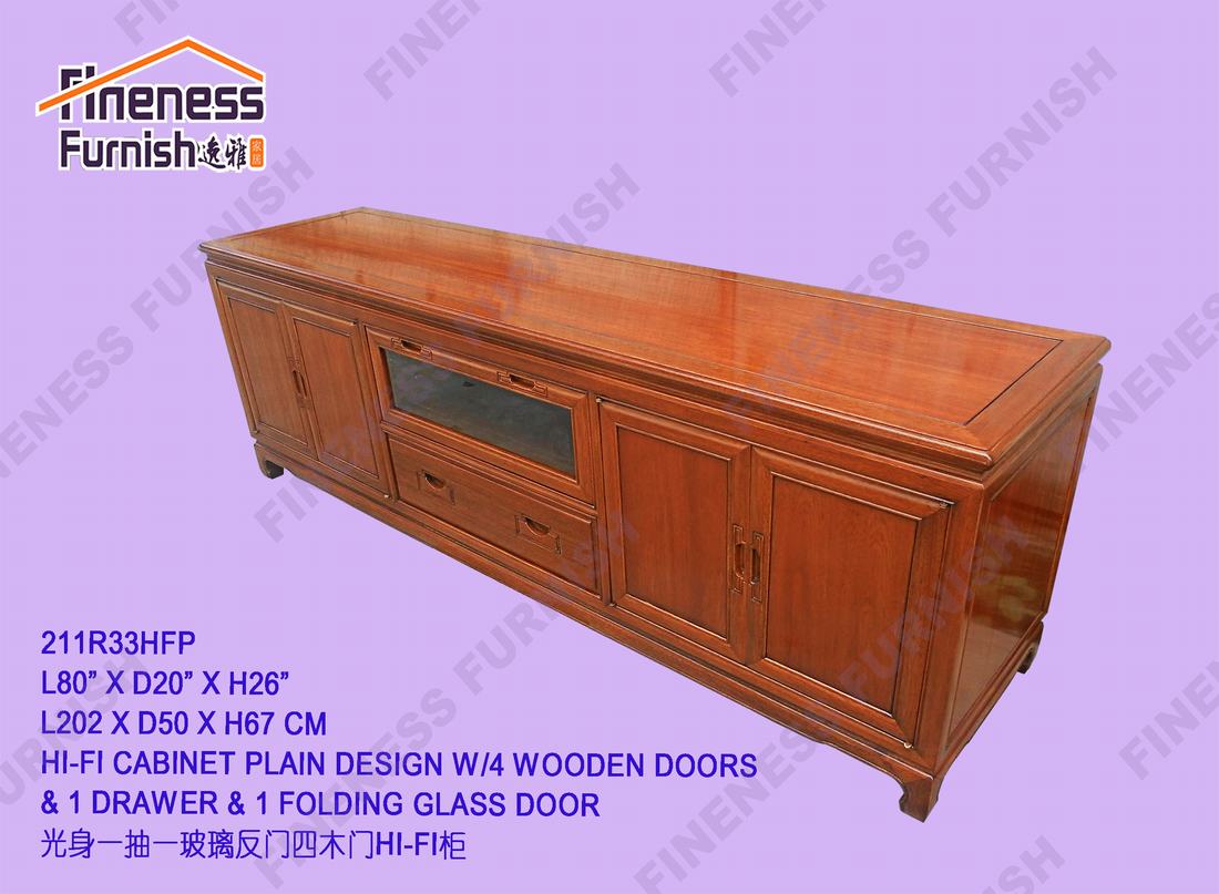 HI-FI CABINET PLAIN DESIGN W/4 WOODEN DOORS & 1 DRAWER & 1 FOLDING GLASS DOOR