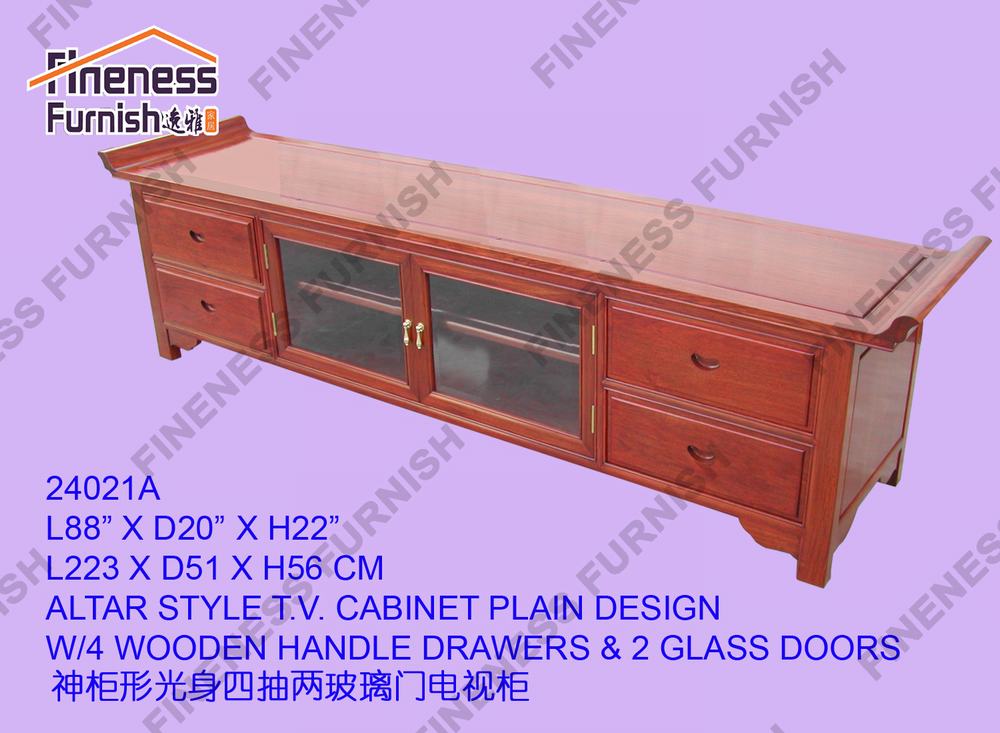 ALTAR STYLE T.V. CABINET PLAIN DESIGN W/4 WOODEN HANDLE DRAWERS & 2 GLASS DOORS
