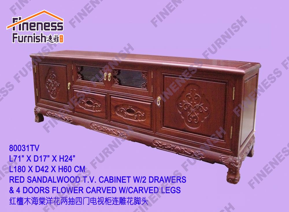 RED SANDALWOOD T.V. CABINET W/2 DRAWERS & 4 DOORS FLOWER CARVED W/CARVED LEGS