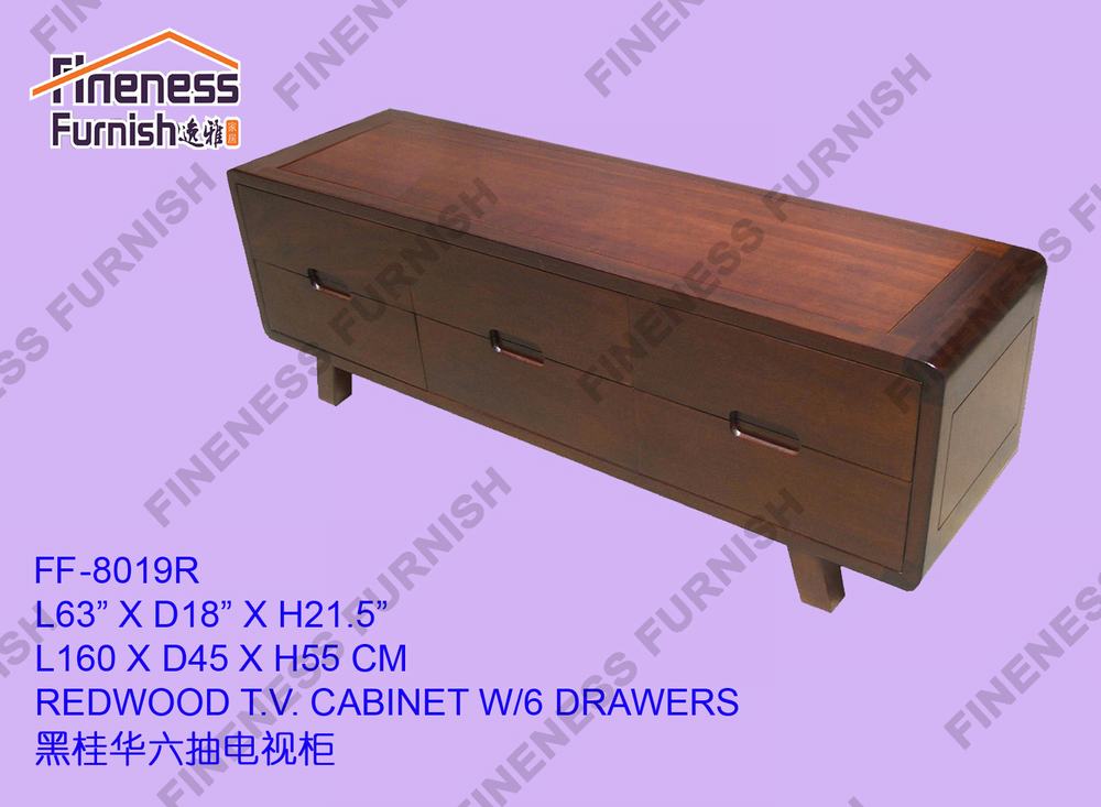 RED WOOD T.V. CABINET W/6 DRAWERS