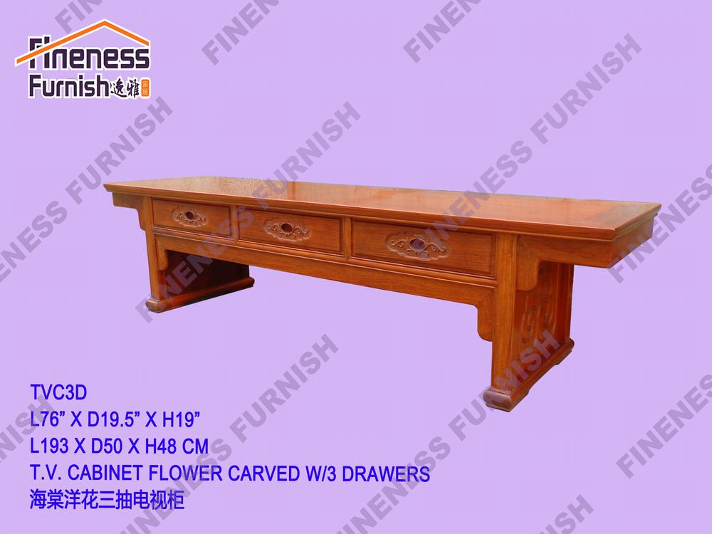 T.V. CABINET FLOWER CARVED W/3 DRAWERS