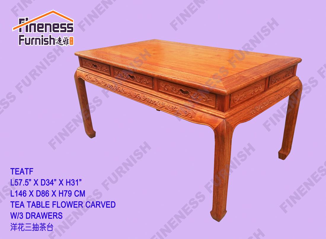 TEA TABLE FLOWER CARVED W/3 DRAWERS