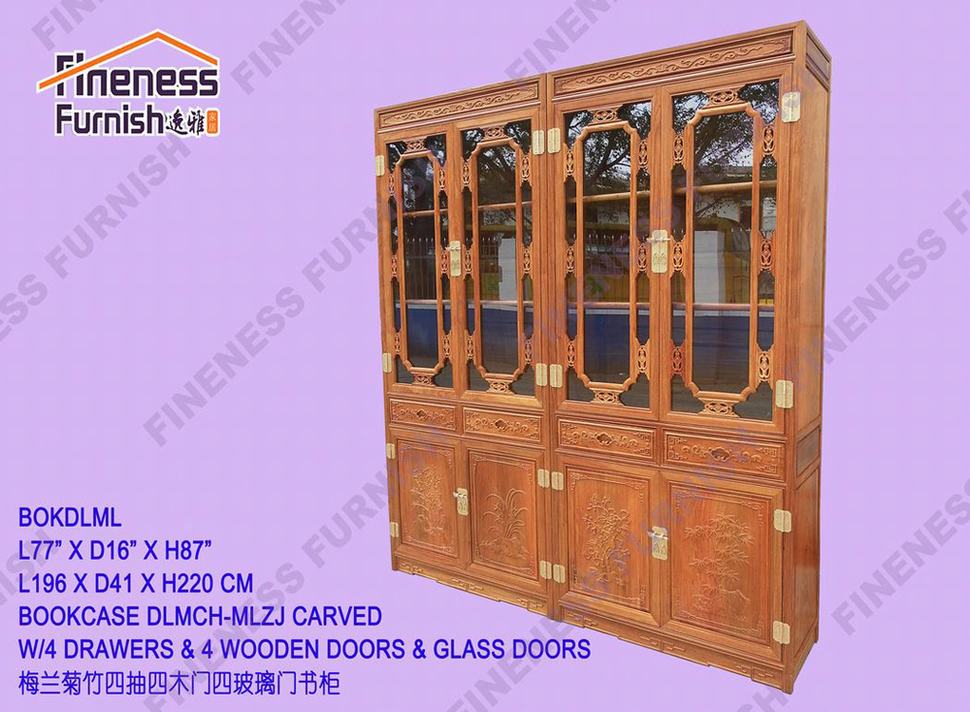 BOOKCASE DLMCH-MLZJ CARVED W/4 DRAWERS & 4 WOODEN DOORS & GLASS DOORS