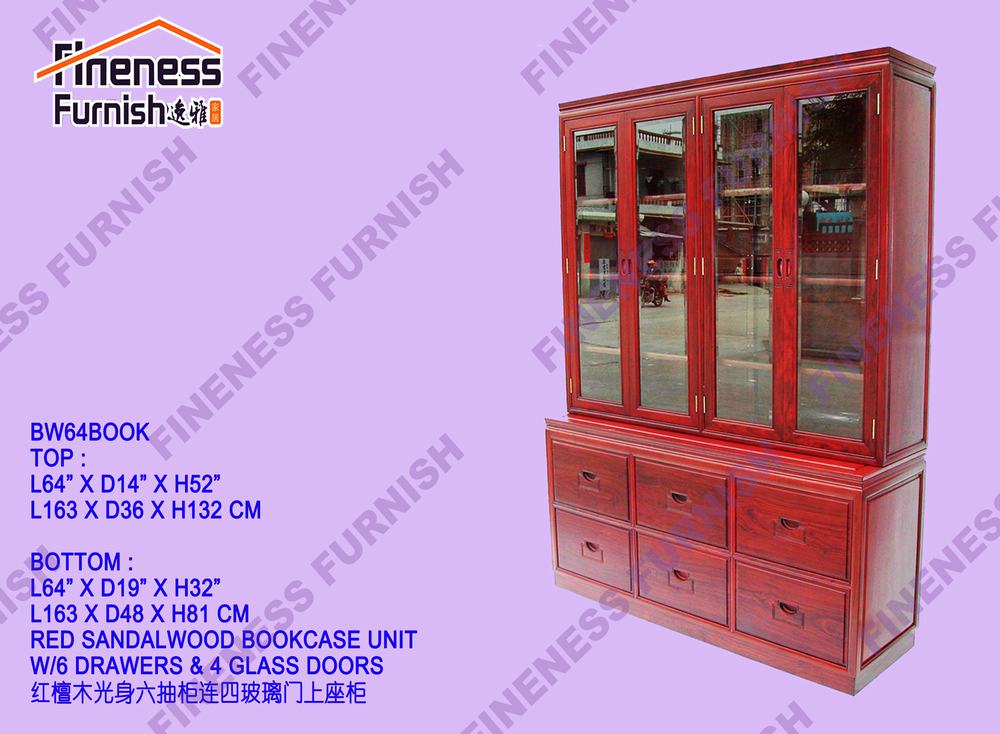 RED SANDALWOOD BOOKCASE UNIT W/6 FILING DRAWERS & 4 GLASS DOORS